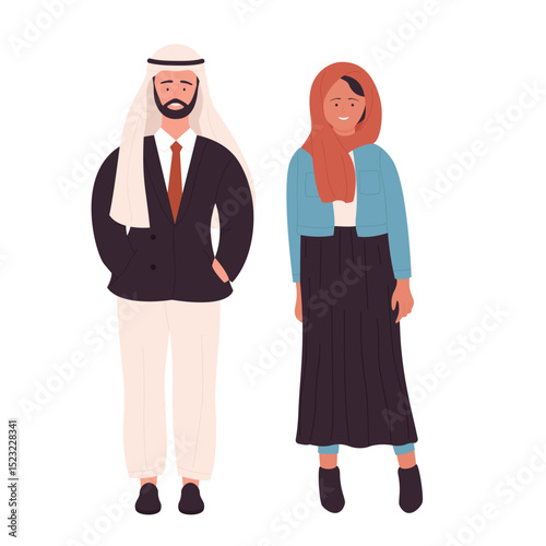 Muslim fashionable business couple people vector illustration. Cartoon arab flat young man and woman standing together, arabian husband and wife businessman businesswoman isolated