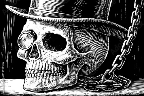 Black and white sketch vector of a human skull with a top hat and monocle in gothic Victorian style