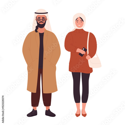 Muslim young modern couple people vector illustration. Cartoon arab flat young man and woman standing together, arabian boyfriend and girlfriend wearing modern clothes isolated on white