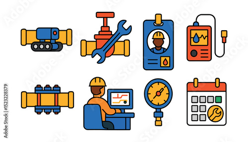 Flat vector icons of natural gas infrastructure maintenance: pipeline inspection robot, valve wrench tool, maintenance crew badge, corrosion monitoring device, pipeline repair clamp, control room