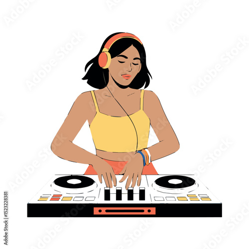 Young female dj mixing music with headphones on turntable red club beat woman party event audio sound