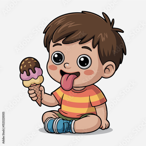 Adorable toddler boy enjoying delicious ice cream cone kid fun cute pink child happy sweet treat