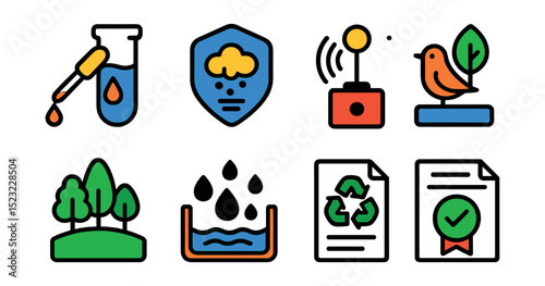 Flat vector icons of port environmental monitoring: water quality test icon, air pollution sensor badge, noise monitoring station, habitat protection area, green buffer zone, oil spill containment,