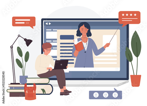 Online education, web courses or tutorials vector illustration. Cartoon young woman teacher character teaching boy student in virtual lesson on computer screen, distance learning isolated on white