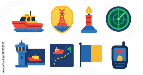 Flat vector icons of port traffic and navigation: harbor pilot boat icon, navigation buoy badge, channel marker light, marine radar screen, ship traffic control, vessel approach map, signal flag, AIS