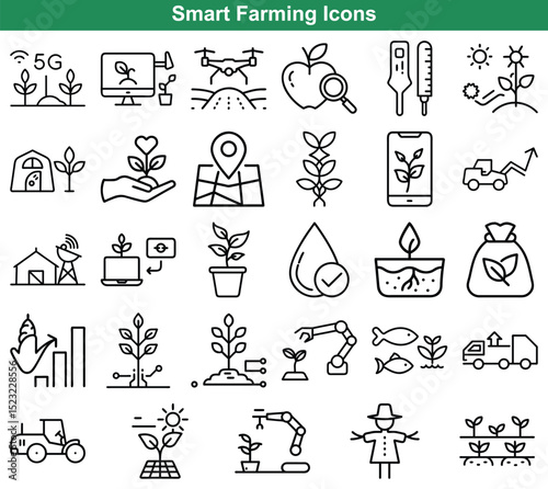 Smart Farming Innovation Set of Agriculture, Technology, and Sustainable Growth Line Icons