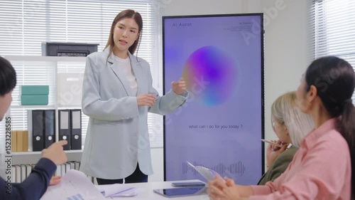 A strategic business team gathers in a modern office for a collaborative brainstorming meeting, supported by an AI-assisted display screen system that helps present innovative ideas and smart solution
