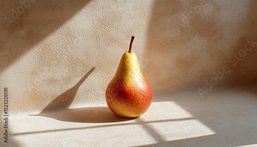 Ripe Red And Yellow Pear Still Life Photography On Beige Textured Surface With Sunlight