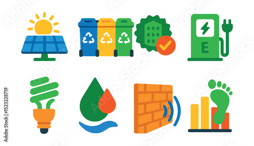 Flat vector icons of airport environmental initiatives: solar panels icon, recycling bins, green building badge, electric vehicle charger, energy-efficient lighting, water conservation symbol, noise