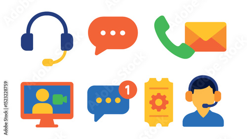 Flat vector icons of technical support communication: headset with microphone icon, chat bubble badge, phone call receiver, email envelope, video call screen, message notification, support ticket,
