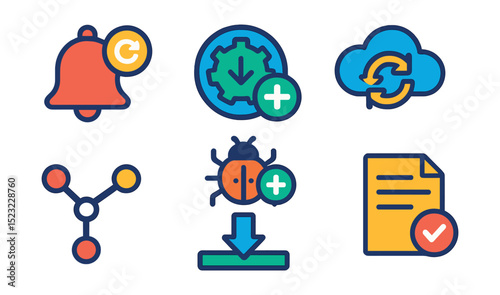 Flat vector icons of software support and updates: update notification icon, software installation badge, bug fix patch, cloud sync symbol, version control, rollback button, download progress bar,