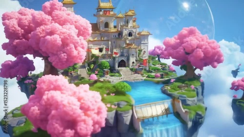 Peaceful palace standing on flying island with blooming pink trees and crystal waterfall. Fantasy concept