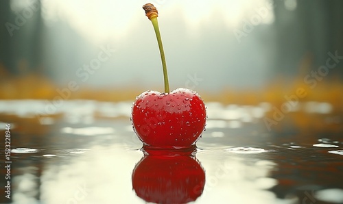 Single Red Cherry On Wet Ground With Reflection