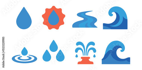 Flat vector icons of water droplets and waves: single droplet icon, splash badge, flowing river, ocean wave, ripple effect, rain drop cluster, water fountain, tidal wave.