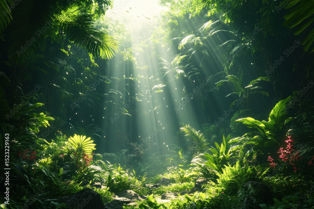 Obraz premium Sunlight streaming through dense jungle trees.