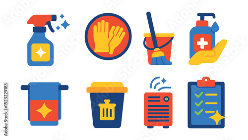 Flat vector icons of gym hygiene and cleanliness: disinfectant spray icon, cleaning gloves badge, mop and bucket, hand sanitizer, towel service, trash bin, air purifier, cleanliness checklist.