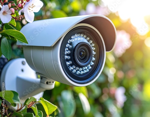 Security camera in floral bush