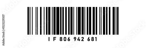 Black and white barcode icon illustration with product number text. Minimalistic bar code vector design for packaging, labeling, scanning systems, retail and e-commerce purposes.