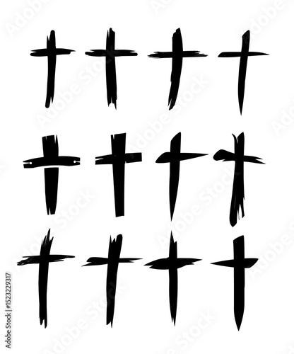 Set of Silhouette Black Icons: Crosses, Crux Symbols, Religious Distress Shapes (Vector)