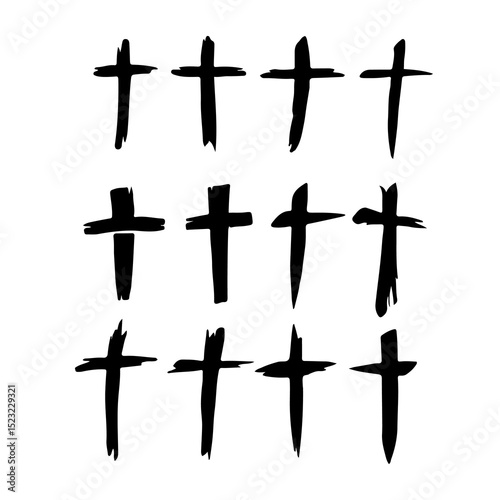 Set of Silhouette Black Icons: Crosses, Crux Symbols, Religious Distress Shapes (Vector)