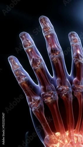 Hand bones in semi-transparent skin, pain at wrist joint glowing red, with dark background representing anatomy and physical problems
