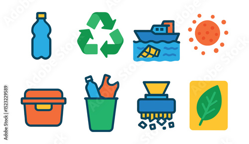 Flat vector icons of plastic waste management: plastic bottle icon, recycling symbol badge, ocean cleanup, microplastics, reusable container, waste sorting, plastic shredding machine, biodegradable