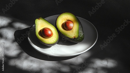 Two Halves Of Ripe Avocado On White Plate Against Dark Background