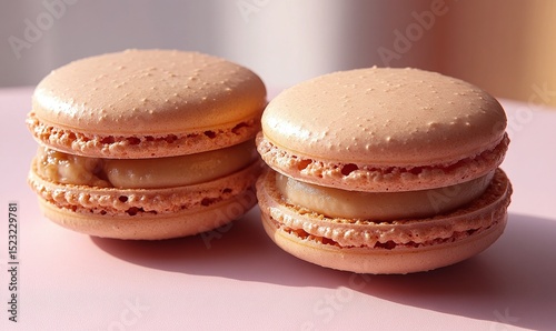 Two Pink Macarons With Creamy Filling On Pink Background