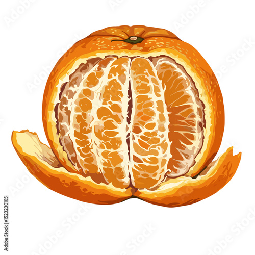 Whole orange segmented with peel on a white background  