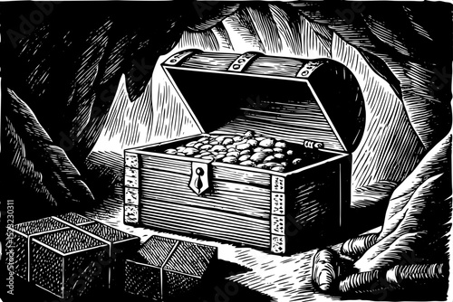 Black and white sketch vector of an open pirate chest with gold coins and a vintage map inside a cave