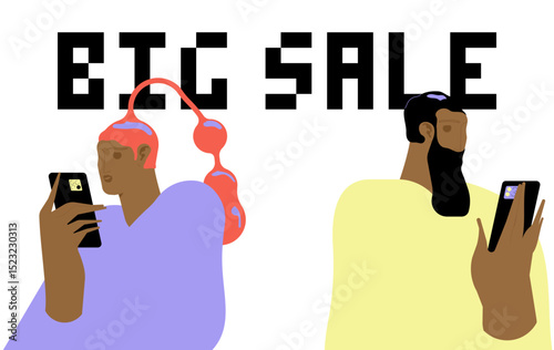 Big sale banners designs. Ad backgrounds for shopping event promotion. Advertisement templates set with happy people announcing price off. Colored flat vector illustrations.
