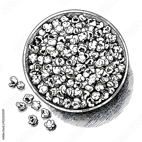 Bowl of popcorn with scattered pieces on a plain background  