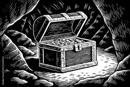 Black and white sketch vector of an open pirate chest with gold coins and a vintage map inside a cave