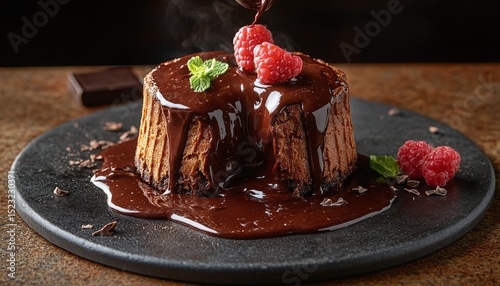 Warm Chocolate Cake with Berries and Chocolate Sauce