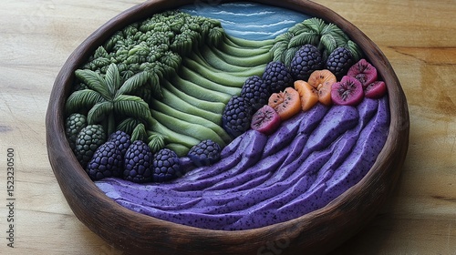 Vibrant Purple Smoothie Bowl With Vegetables And Fruit Artistic Food Presentation