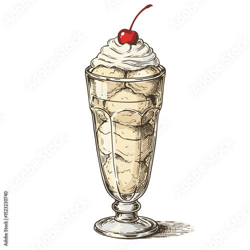 Ice cream sundae topped with whipped cream and cherry in glass  