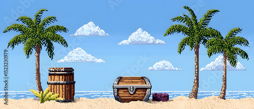 Pixelated Tropical Beach Landscape With Palm Trees And Treasure Chest