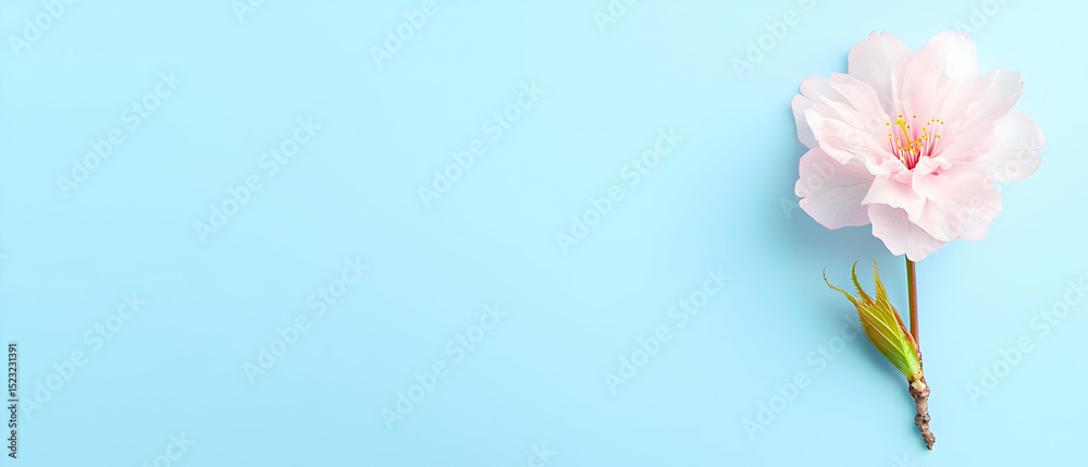 Naklejka premium Single Pink Cherry Blossom Against Light Blue Background