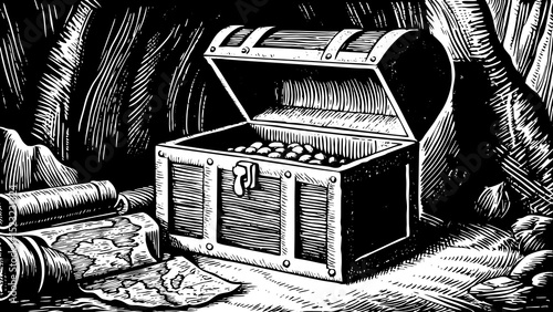Black and white sketch vector of an open pirate chest with gold coins and a vintage map inside a cave