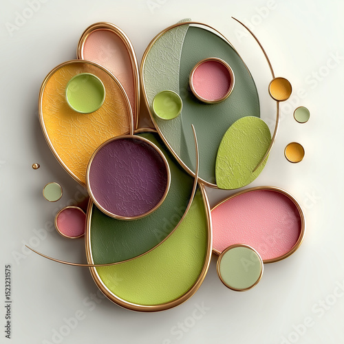 Abstract layered design of metallic ovals and colorful shapes
