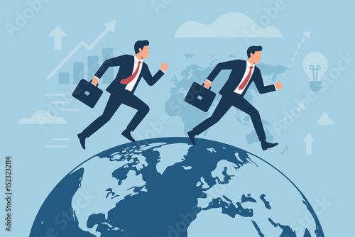 Global business competition concept. Two businessmen running on Earth globe. Metaphor for worldwide corporate race for market leadership, innovation, economic growth, and strategic success. Ambition.