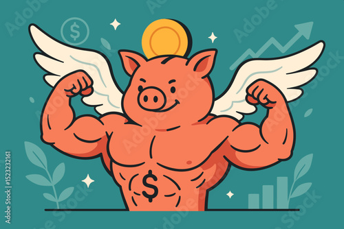 Mighty Winged Piggy Bank: Strong Financial Growth, Savings Power, Investment Success, Wealth Increase. Symbol of Economic Strength, Money Management & Personal Finance Goal Achievement.