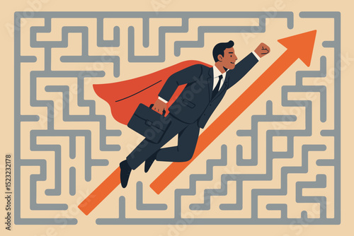Superhero businessman flying above maze, finding shortcut to success, overcoming challenges, leadership, innovation, business solution, career growth, problem solving, efficient strategy