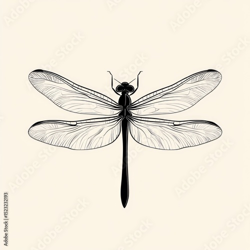 Detailed illustration of a dragonfly, wings spread, in monochrome
