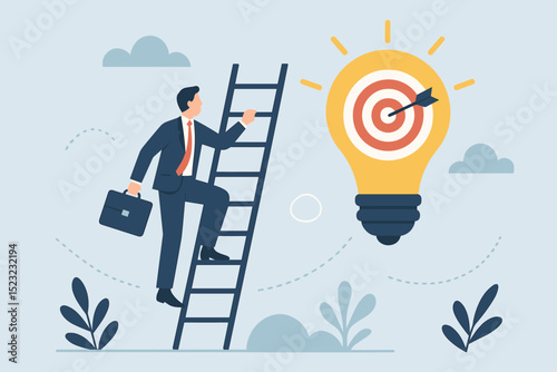 Entrepreneur climbs ladder towards innovative lightbulb with target, aiming for success, business growth, new ideas, achievement of goals, and creative solutions