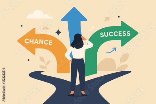 Woman facing life path decision, choosing between chance and success, symbolizing business strategy, future career opportunity, personal development, and making the right choices for growth.