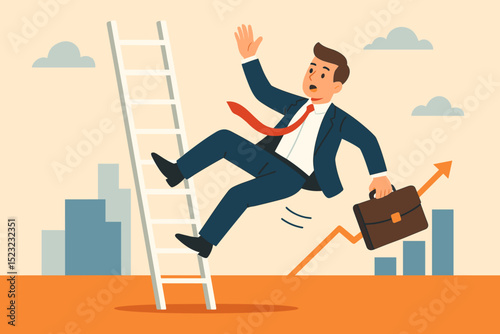 Ambitious Businessman's Fall: Career Failure, Risk-Taking, and Business Strategy Gone Wrong. Entrepreneur Skipping Steps for Quick Success, Business Collapse, and Financial Crisis Vector Illustration