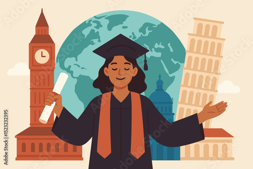 Happy graduating student in cap and gown, holding diploma, celebrating global education journey with famous landmarks and world map. International scholarship, university, higher education travel.