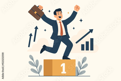 Successful business triumph and victory celebration. Happy businessman on podium, achieving goals, financial success, and career growth. Flat vector illustration.