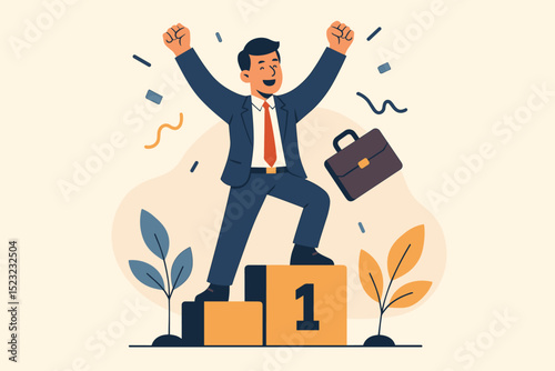 Happy successful businessman celebrating victory, standing on a podium, winner achievement award, business triumph, professional growth concept. Leader, manager, cartoon